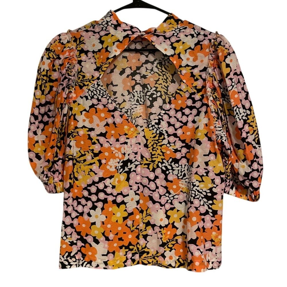 Ted Baker Floral Boxy Shirt Puff Sleeve Blouse Prairie High Neck– Size 5 Large - Picture 3 of 7